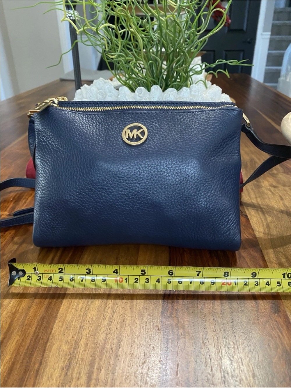 Michael Kors Navy Pebbled Leather Crossbody with Gold MK Emblem